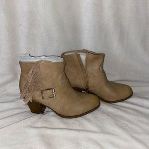 Brown ankle booties with buckle and fringe